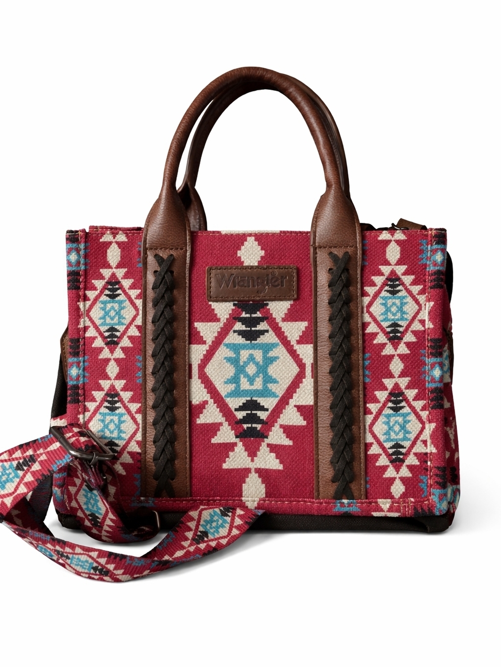 Wrangler Burgundy Aztec Crossbody Tote with Brown Trim